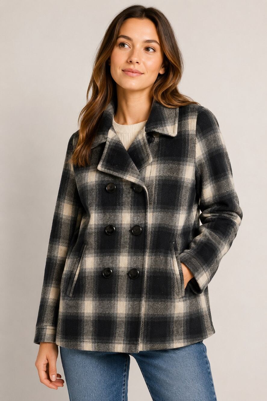 Old Navy Plaid Wool Blend Peacoat Jacket Gray Black Cream Size Medium